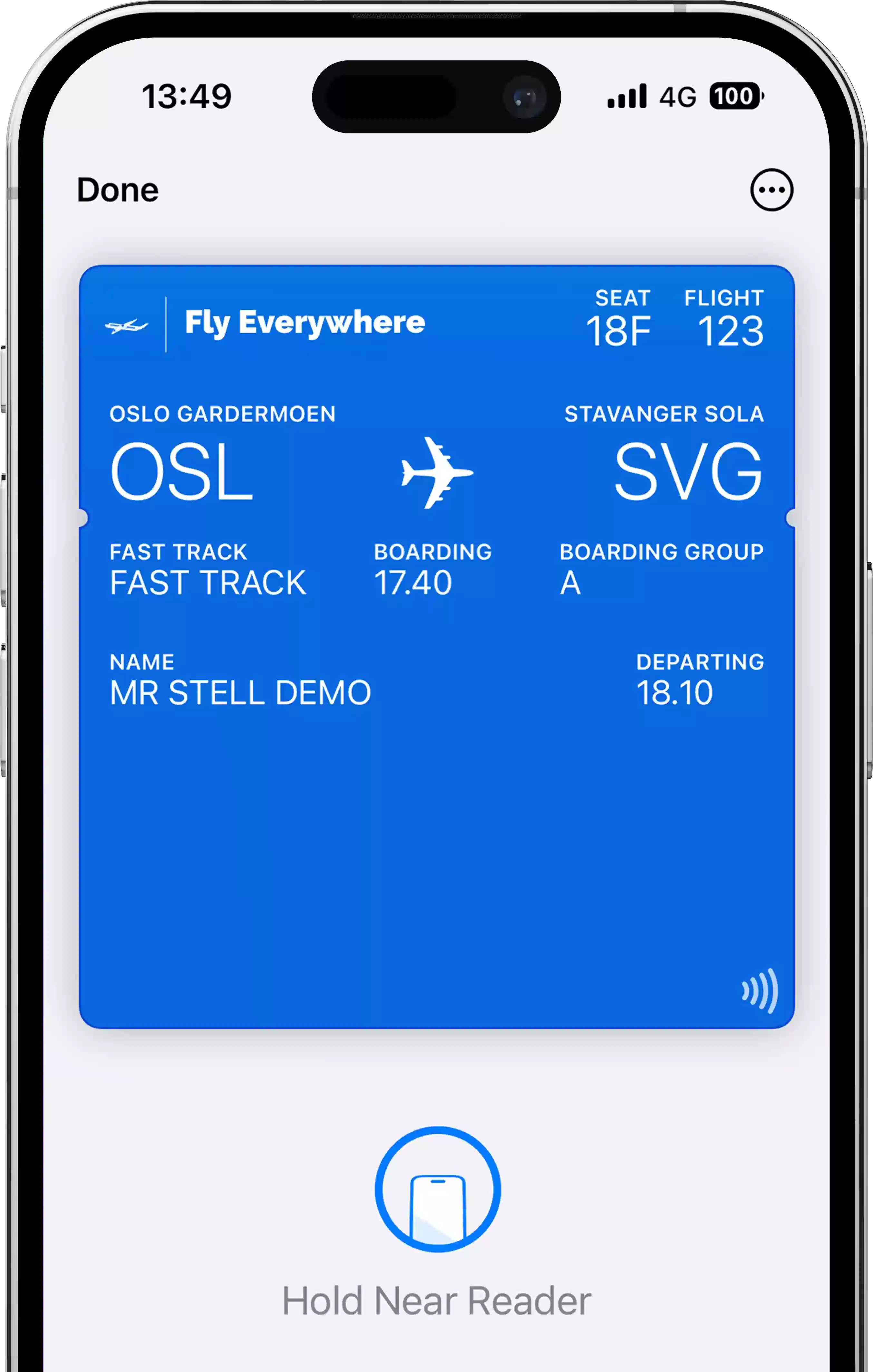An iPhone displaying a contactless (using NFC / Apple VAS (Value Added Services)) boarding pass in Apple Wallet. Travelers can tap their phone at the terminal for a seamless boarding experience.