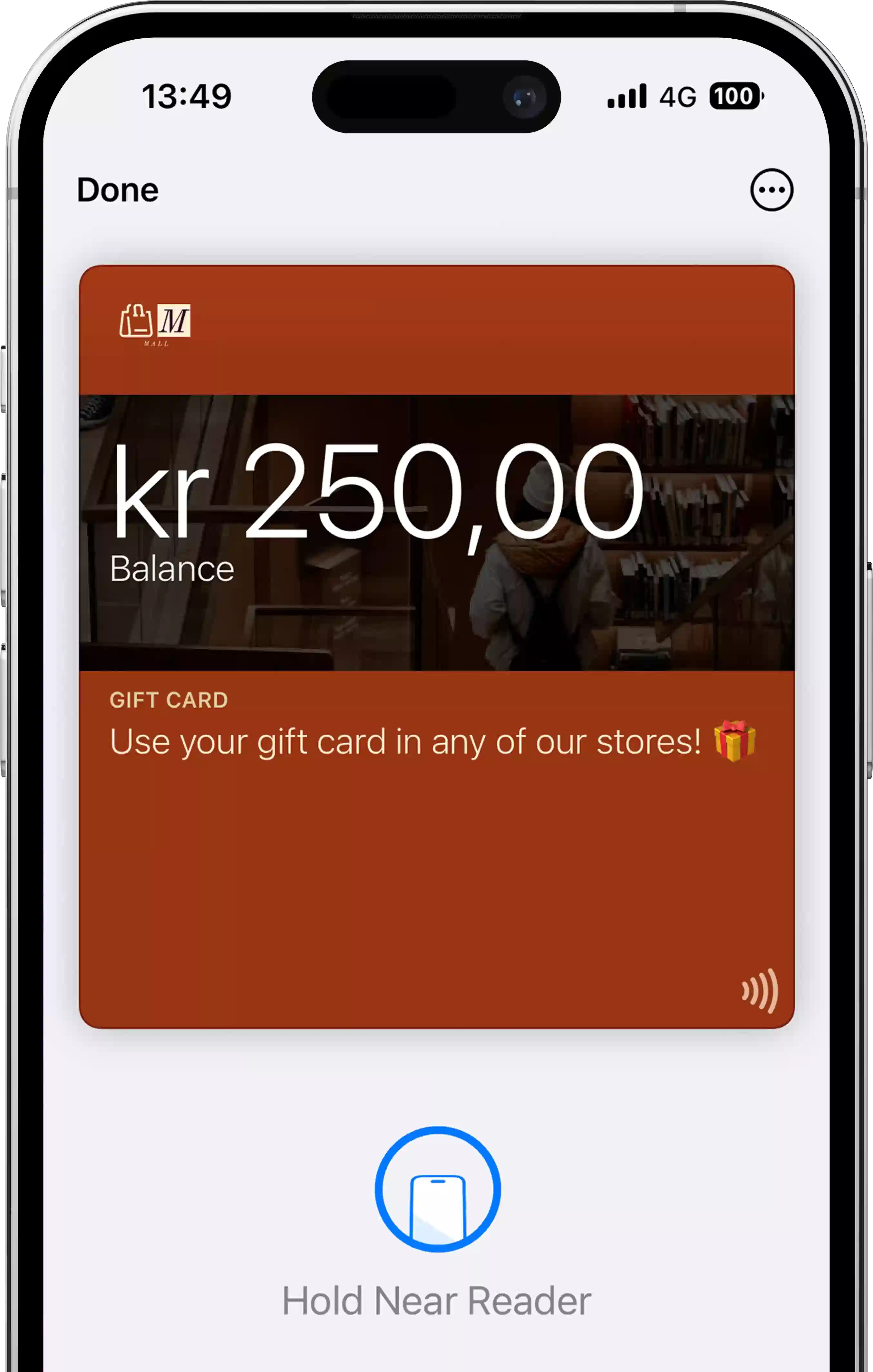 An iPhone displaying a contactless (using NFC / Apple VAS (Value Added Services)) gift card in Apple Wallet. Customers can tap their phone at the terminal to redeem their gift.