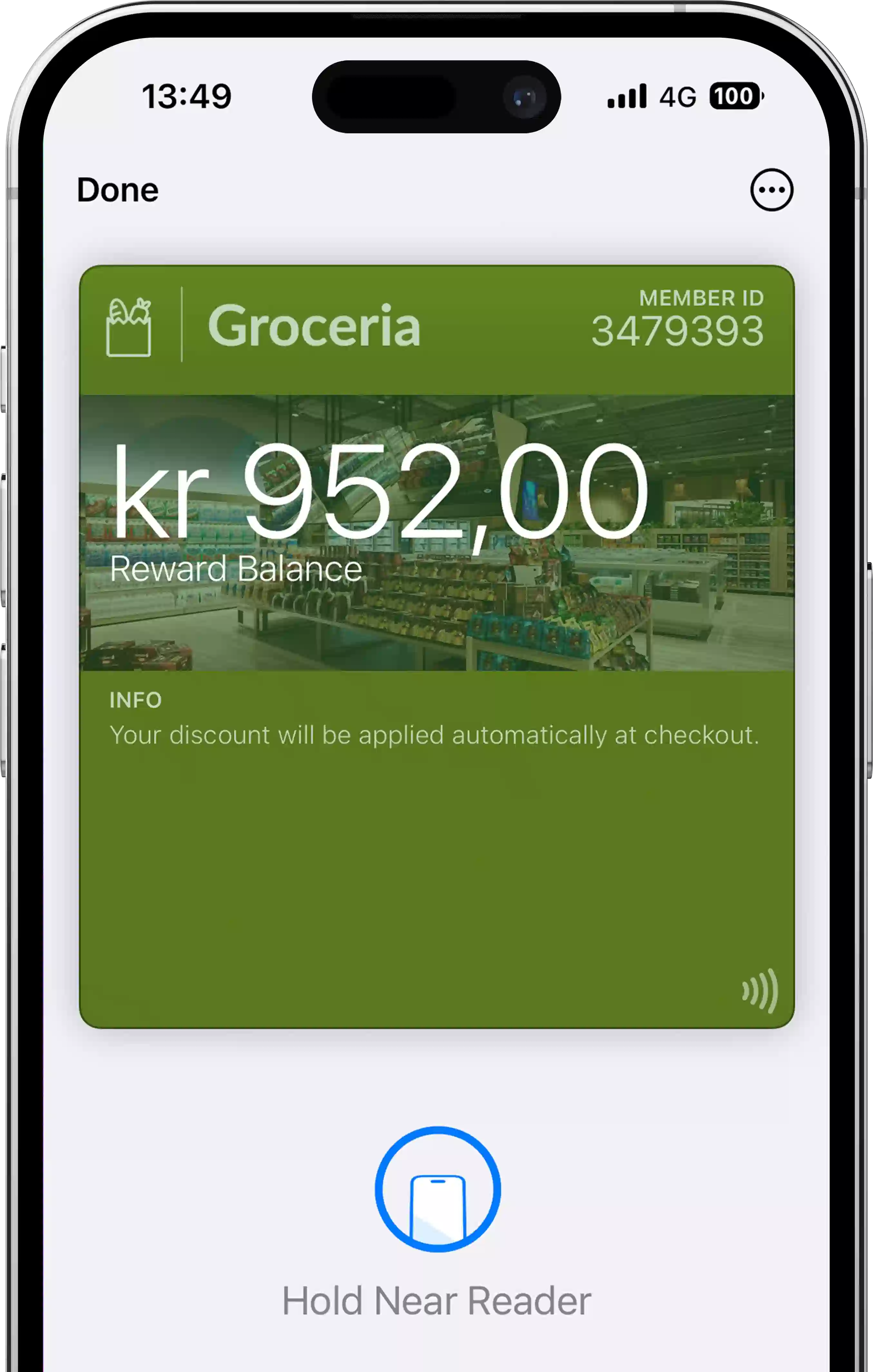 An iPhone showcasing a contactless (using NFC / Apple VAS (Value Added Services)) loyalty card in Apple Wallet. A simple tap at the terminal allows customers to redeem their loyalty points.