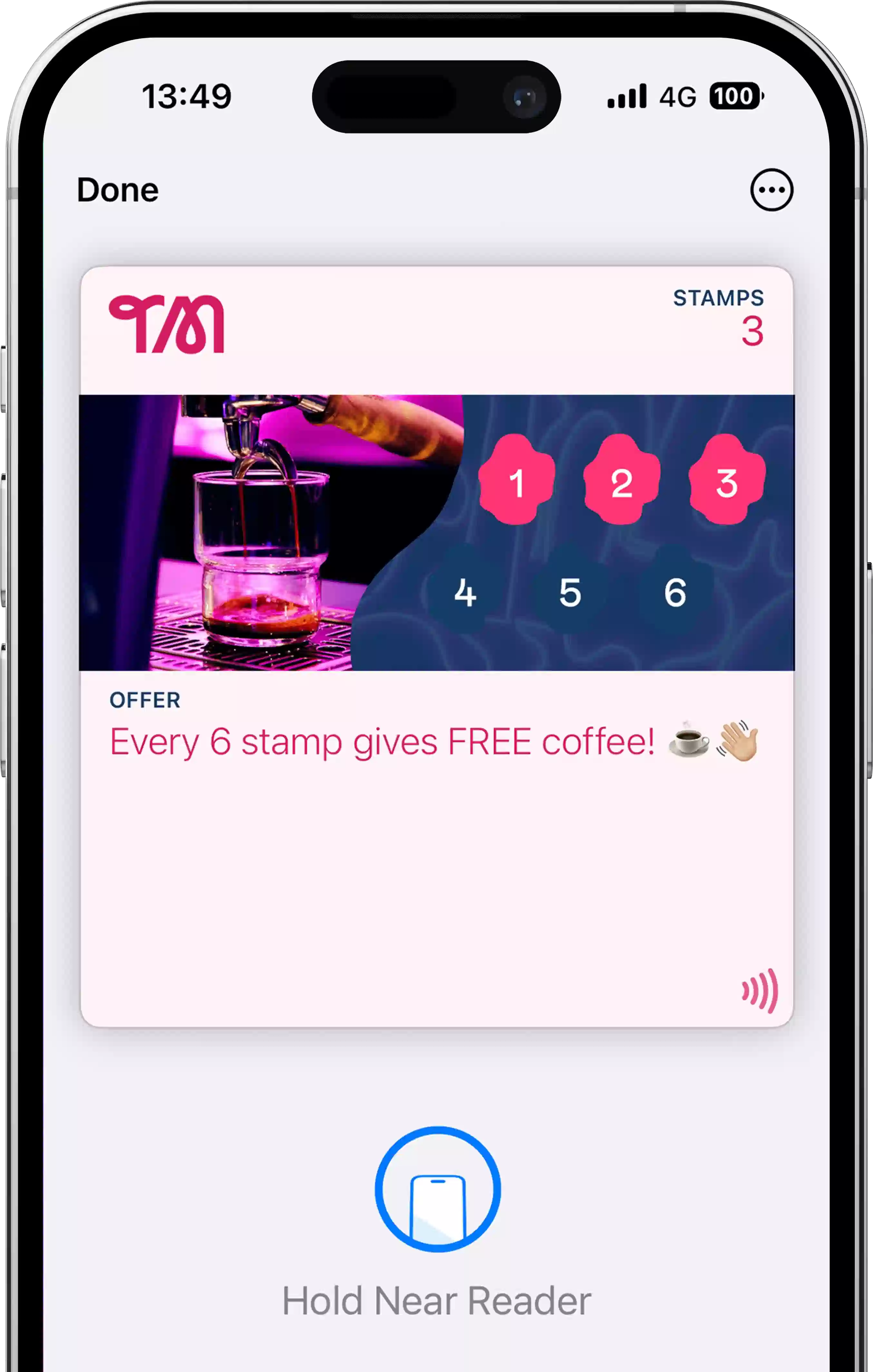 An iPhone displaying a contactless (using NFC / Apple VAS (Value Added Services)) stamp card in Apple Wallet. Customers can tap their phone at the terminal to earn their rewards.