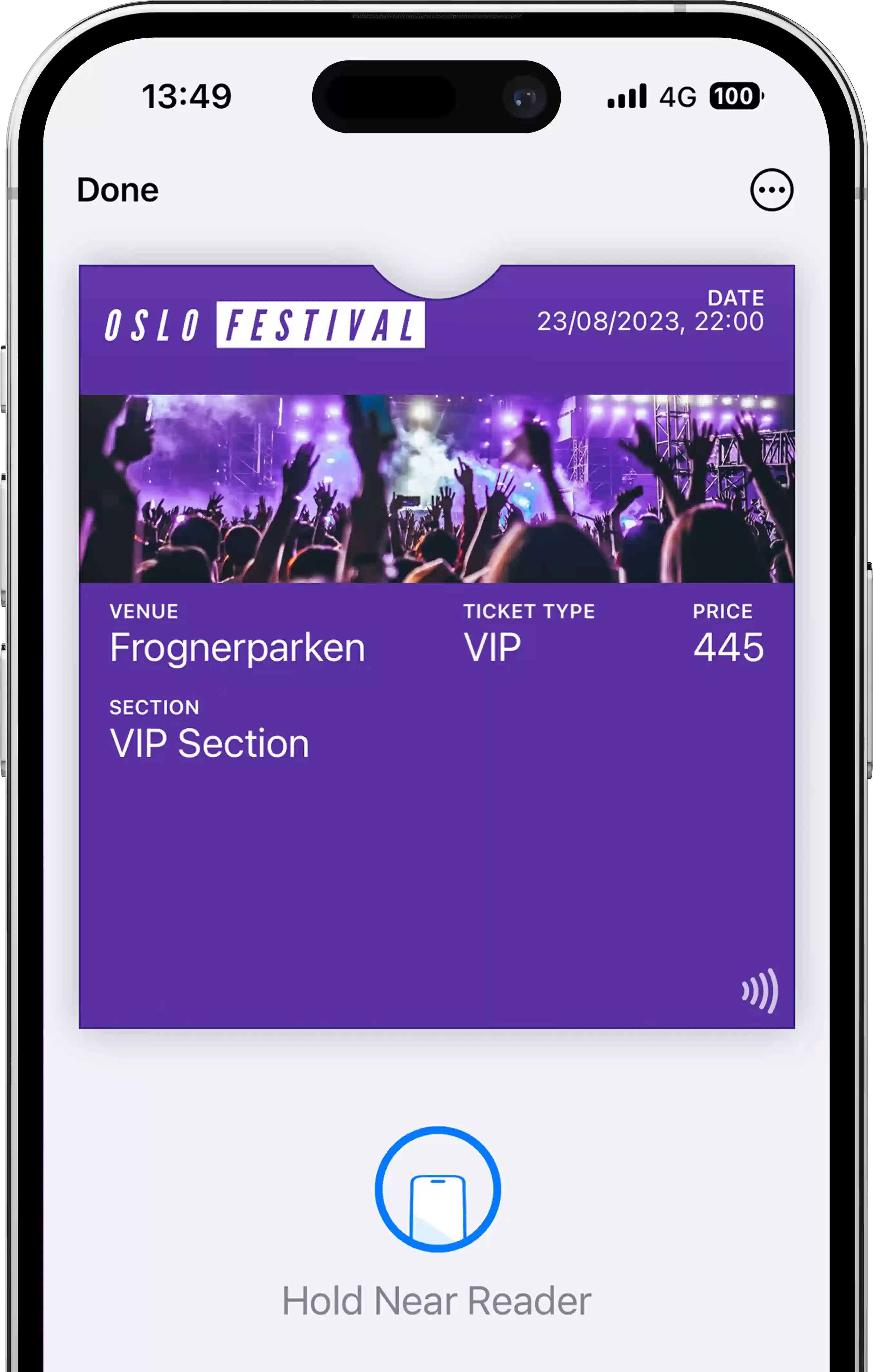 An iPhone displaying a contactless (using NFC / Apple VAS (Value Added Services)) concert ticket in Apple Wallet. Attendees can tap their phone at the terminal for a seamless entry to the event.